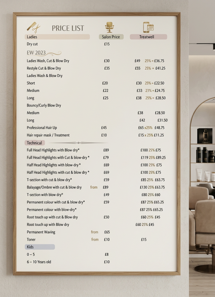 Hair salon price list detailing services, salon prices, and discounted Treatwell prices
